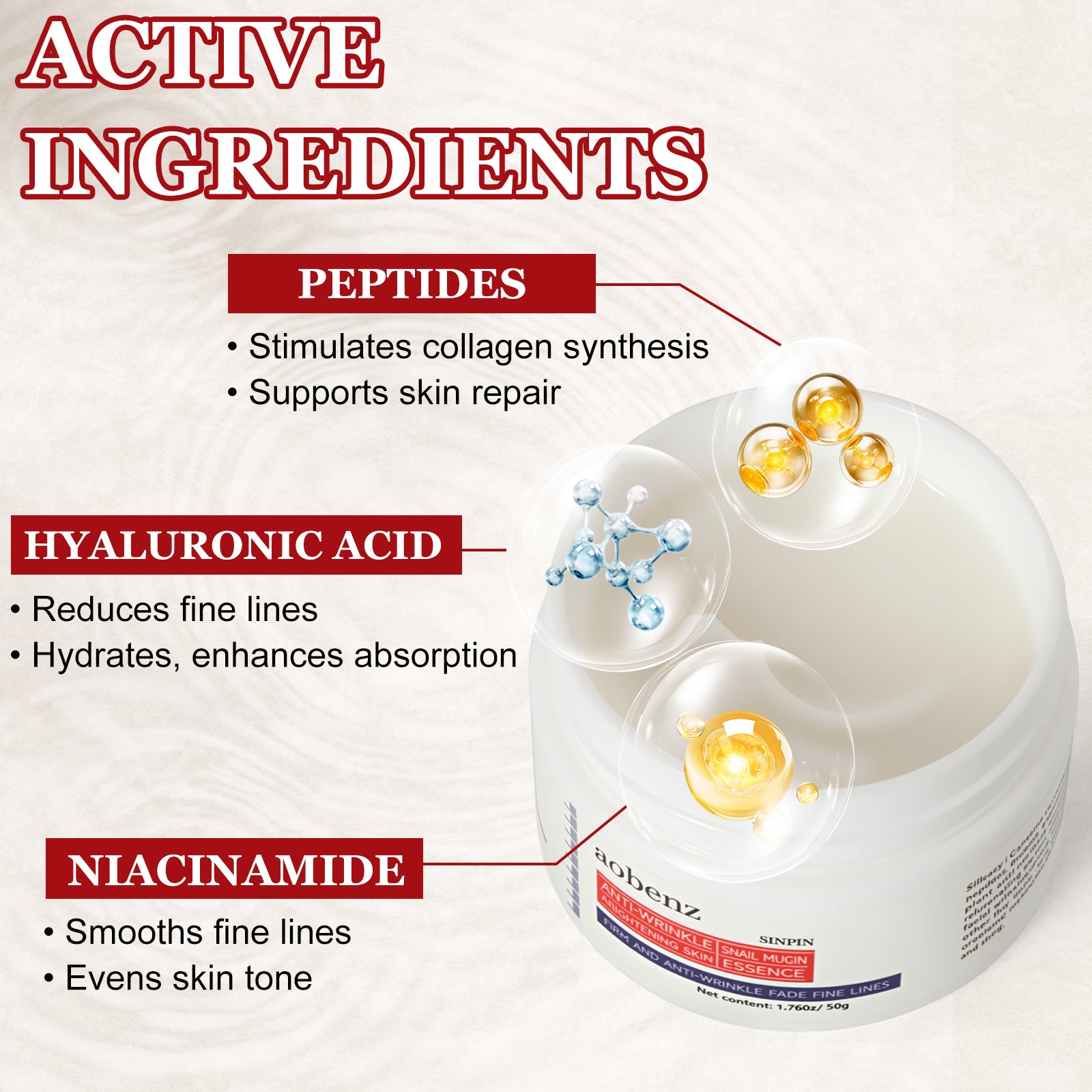 SINPIN aobenz Anti Aging Moisturizer Face Cream for Women & Men - Night Cream for Face & Neck | All Skin Types | Niacinamide + Hyaluronic Acid | Firming, Tightening, Anti Wrinkle, 1.76FL (1PCS)